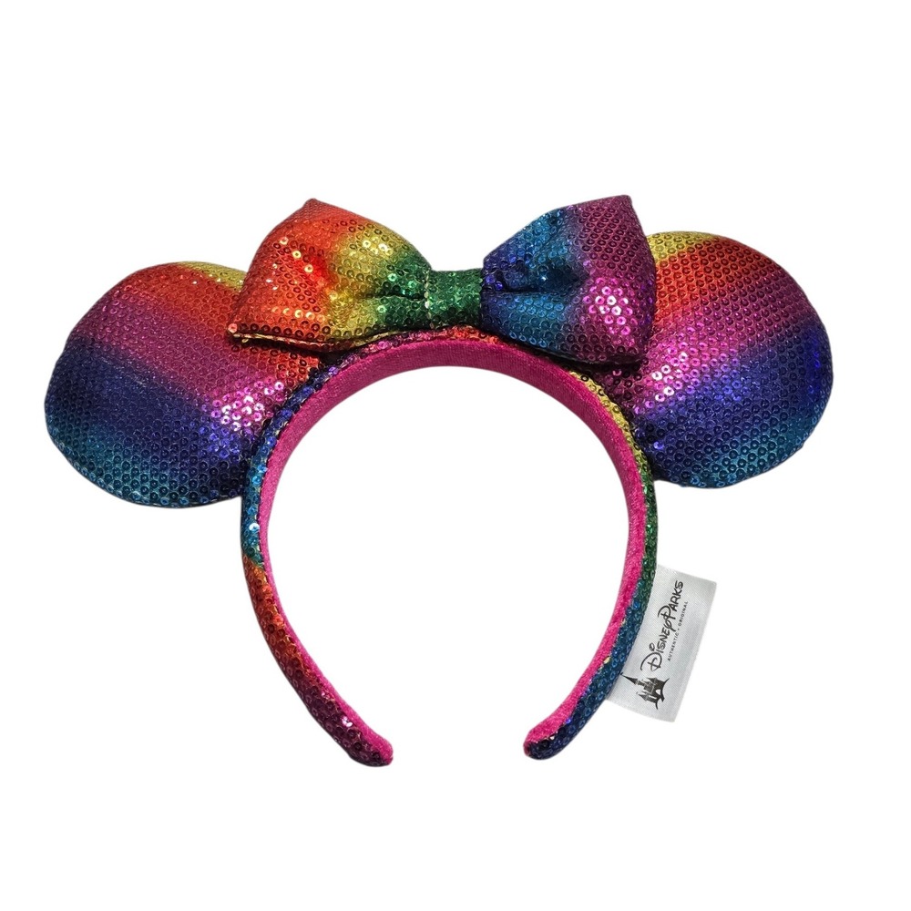 Disney Parks Minnie Mouse Rainbow Sequin Ears Headband‎ Pride Colorful Bow